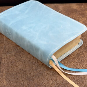 Super Giant Print Bible in turquoise blue cowhide leather with camel tan sheepskin liner and three ribbons