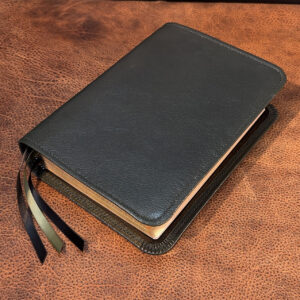 ESV Study Bible in pebbled hunter green goatskin leather with smooth black sheepskin liner and three ribbons - Capra Lux by Schaeffner Co