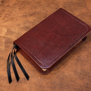 ESV Study Bible in pebbled cognac goatskin leather with dark cognac cowhide liner and three ribbons - Capra Lux by Schaeffner Co