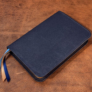 ESV Study Bible in pebbled navy goatskin leather with distressed camel tan cowhide liner and two ribbons - Capra Lux by Schaeffner Co