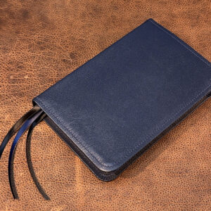 ESV Study Bible in pebbled navy goatskin leather with antique black sheepskin liner and three ribbons - Capra Lux by Schaeffner Co
