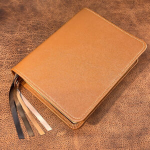 ESV Study Bible in pebbled British tan goatskin leather with dark cognac cowhide liner and four ribbons - Capra Lux by Schaeffner Co