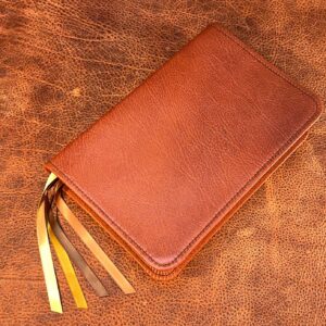ESV Study Bible in brown goatskin leather with antique black sheepskin liner and four ribbons - Capra Lux by Schaeffner Co