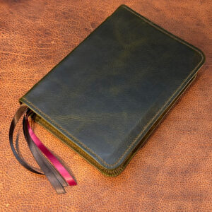 ESV Study Bible in distressed olive green cowhide leather with walnut brown distressed cowhide liner and four ribbons