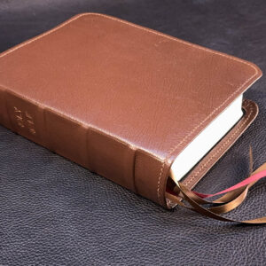 ESV Study Bible in pebbled brown goatskin leather with pebbled black goatskin liner and four ribbons - Capra Lux by Schaeffner Co
