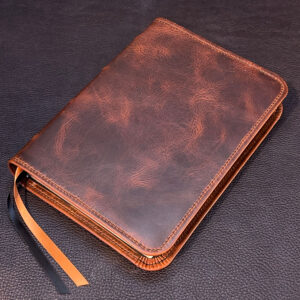 ESV Study Bible in distressed walnut brown cowhide leather with smooth black sheepskin liner and two ribbons