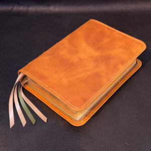 ESV Study Bible in distressed natural tan cowhide leather with smooth sage green cowhide liner and four ribbons