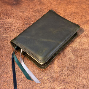 ESV Study Bible in distressed olive green cowhide leather with glossy black cowhide liner and three ribbons